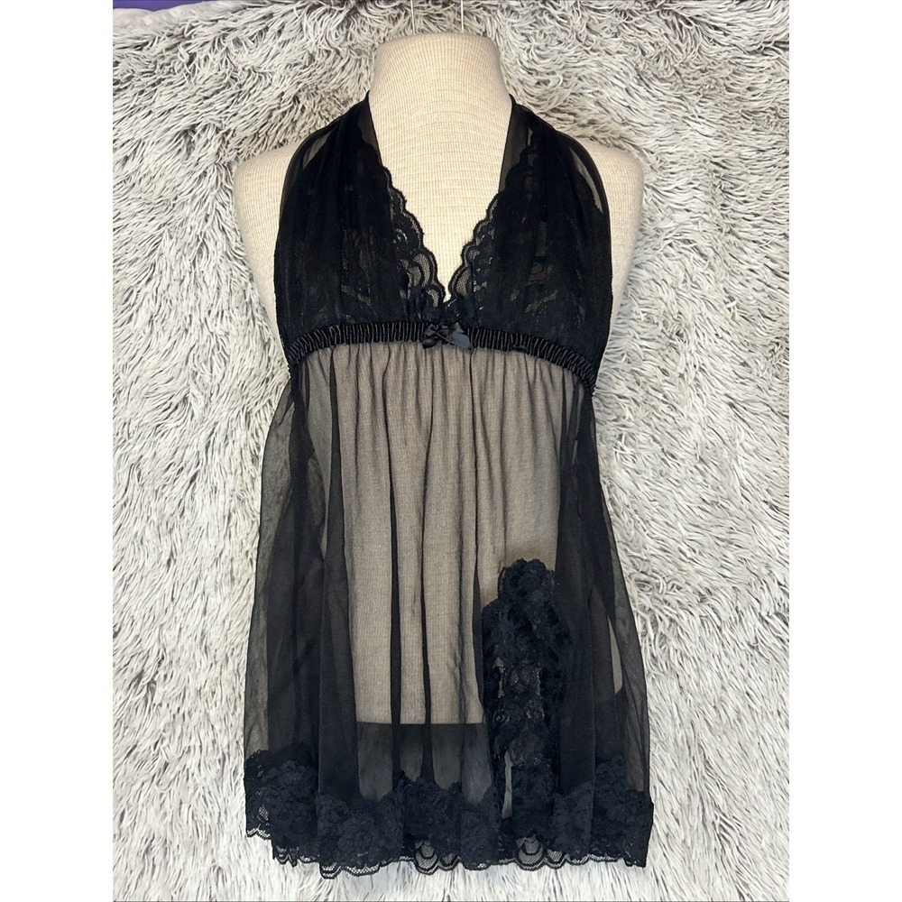 Vintage Fredricks of Hollywood Sheer Lace Black Lingerie Babydoll Y2K Sz L Nylon
